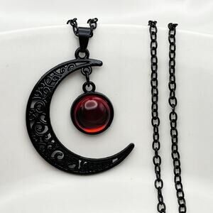 Black Crescent Moon Blood Red Jewel Necklace